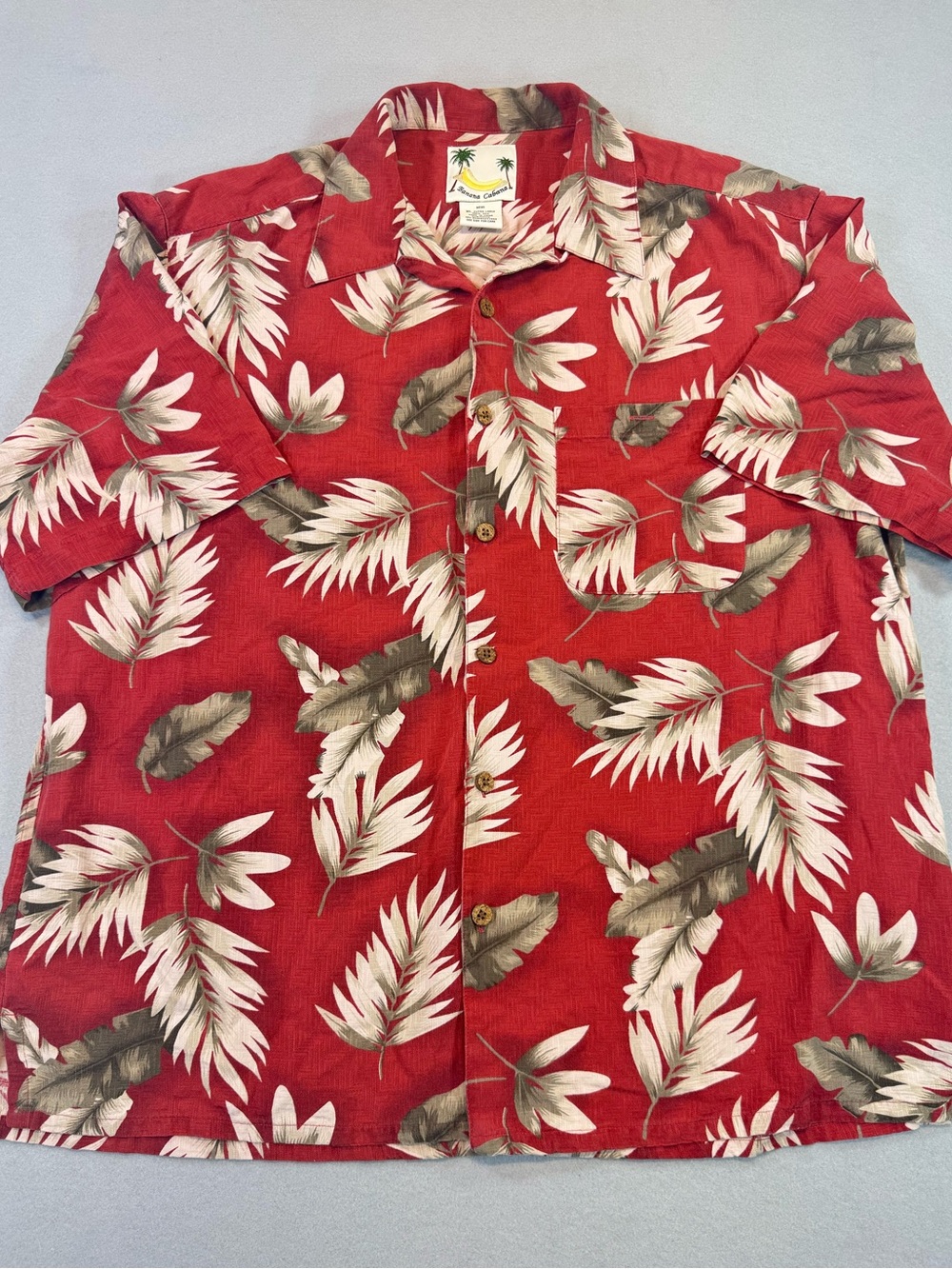 Red Banana Cabana 100% Silk Tropical Leaf Print Short-Sleeve Shirt